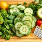 Fresh cucumbers and herbs for healthy cucumber salad with nutritional information