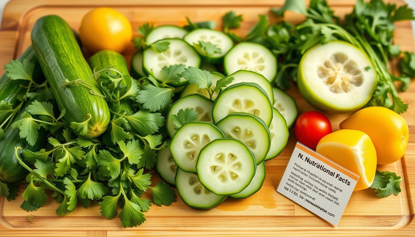 Fresh cucumbers and herbs for healthy cucumber salad with nutritional information