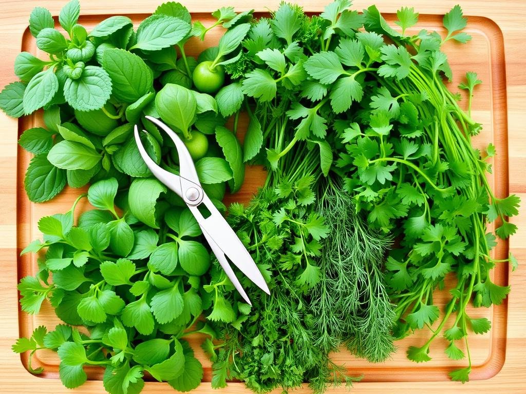 Fresh herbs for Mediterranean cucumber salad arranged on a wooden board Fresh herbs for Mediterranean cucumber salad arranged on a wooden board