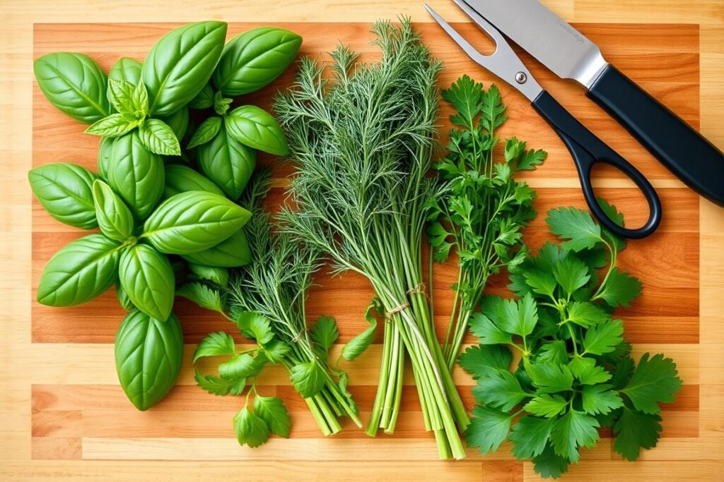 Fresh herbs for tomato and cucumber salad including basil, dill, and mint