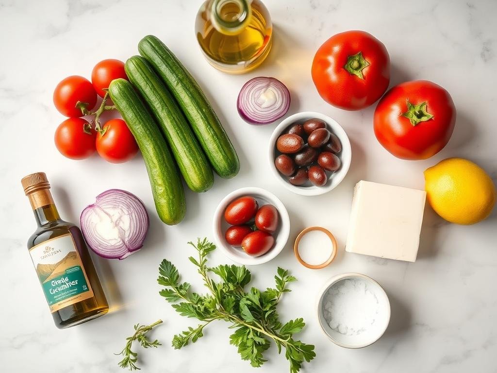 Fresh ingredients for Greek cucumber salad arranged on a marble countertop
