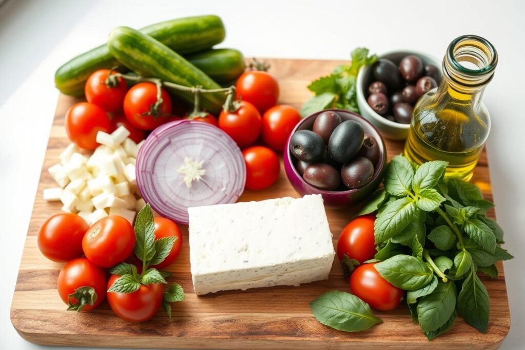 Fresh ingredients for Mediterranean cucumber salad arranged on a wooden cutting board Fresh ingredients for Mediterranean cucumber salad arranged on a wooden cutting board