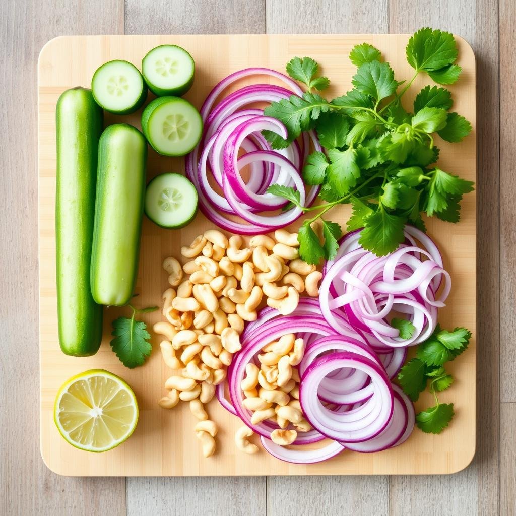 Fresh ingredients for Thai cucumber salad including cucumbers, red onion, cilantro, and lime