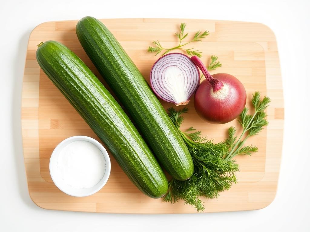 Fresh ingredients for creamy cucumber salad including English cucumbers, red onion, and fresh dill Fresh ingredients for creamy cucumber salad including English cucumbers, red onion, and fresh dill