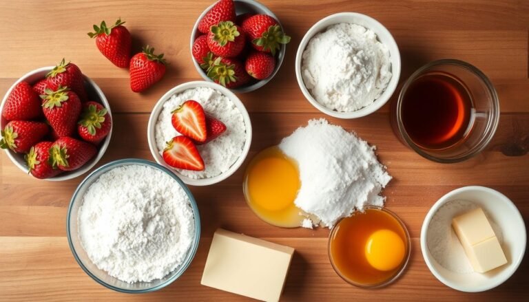 Fresh ingredients for homemade strawberry cake including strawberries, flour, sugar, and butter arranged on a wooden table