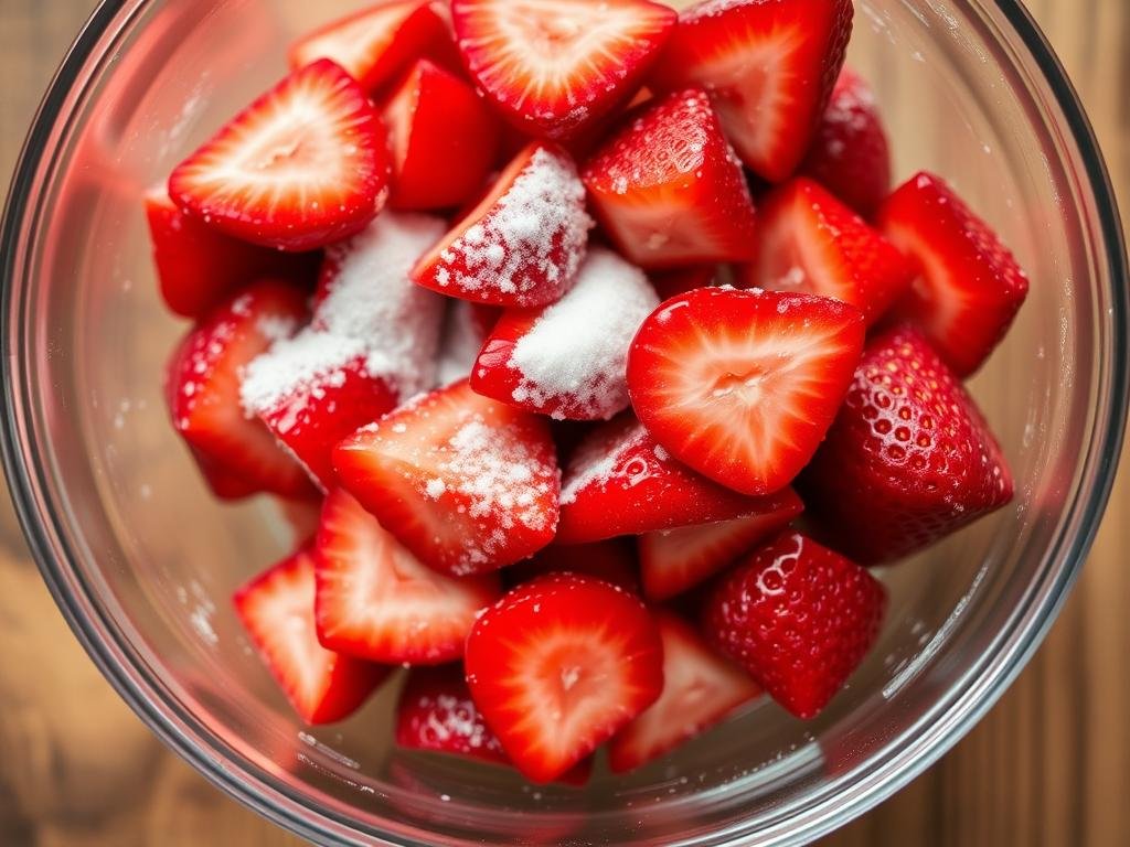 Fresh sliced strawberries being macerated with sugar in a glass bowl