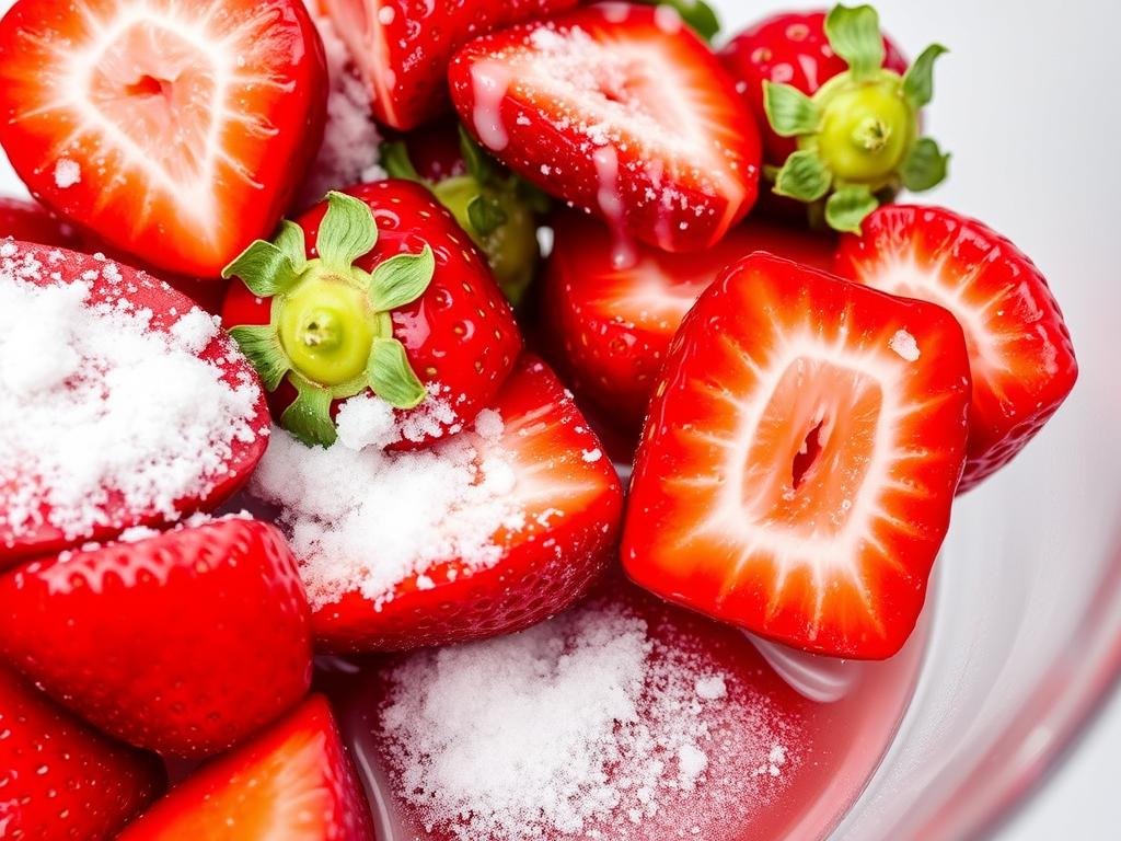 Fresh sliced strawberries being macerated with sugar in a glass bowl