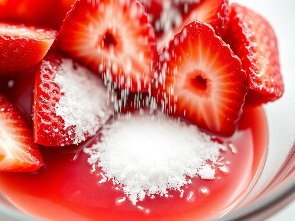 Fresh sliced strawberries being macerated with sugar in a glass bowl
