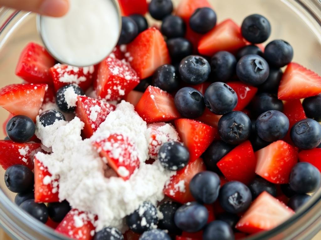 Fresh strawberries and blueberries being tossed with flour in a bowl
