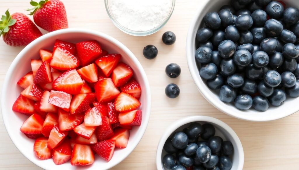 Fresh strawberries and blueberries in bowls ready for the strawberry shortcake blueberry muffin recipe