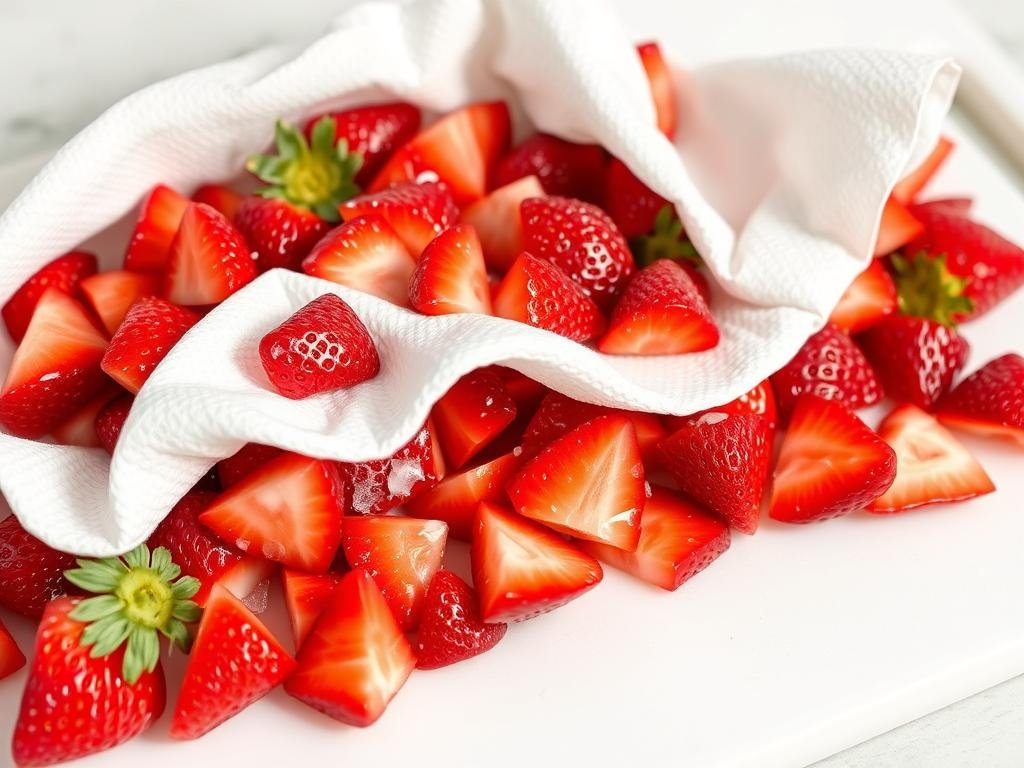 Fresh strawberries being blotted dry with paper towels before adding to cake batter