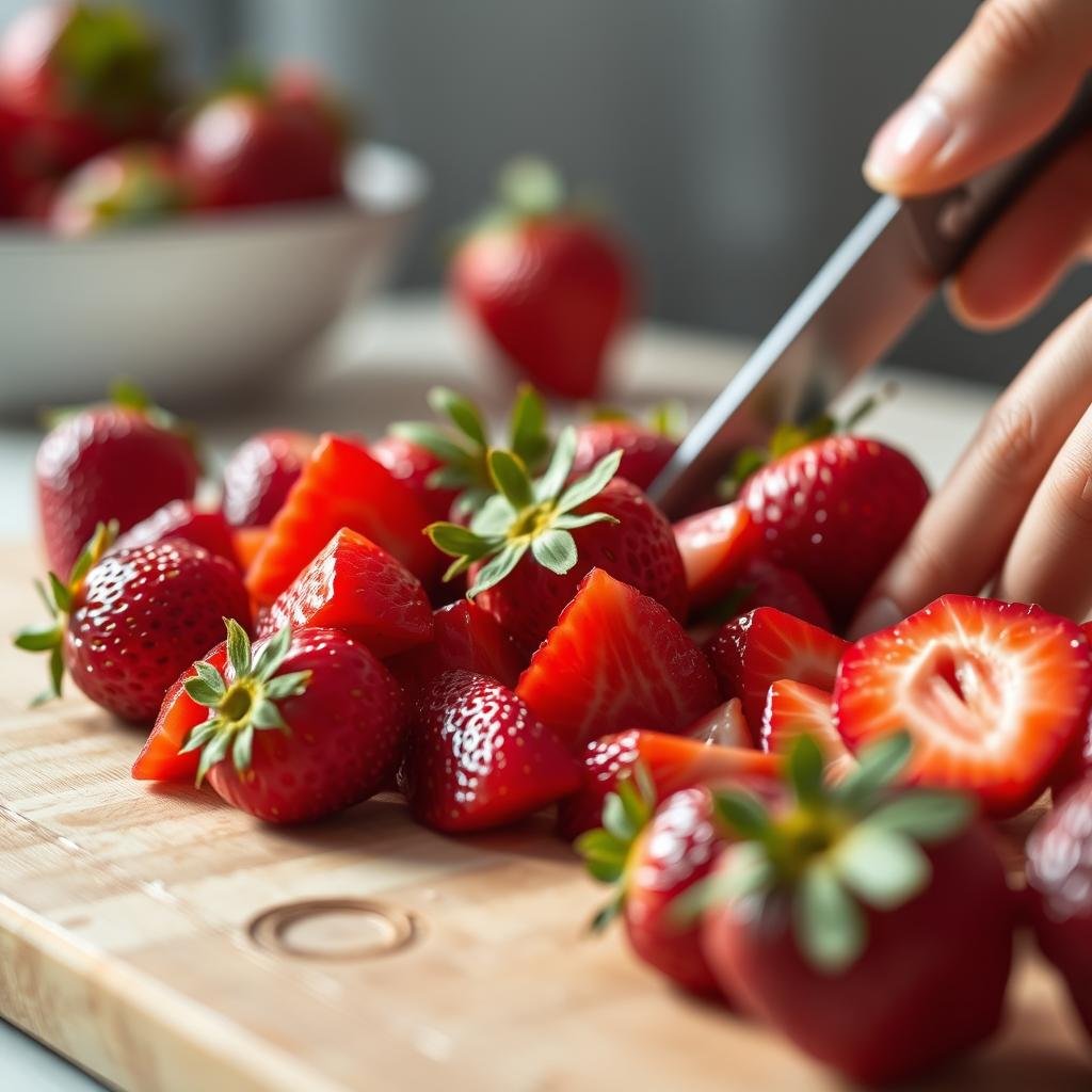 Fresh strawberries being chopped for homemade strawberry cake batter
