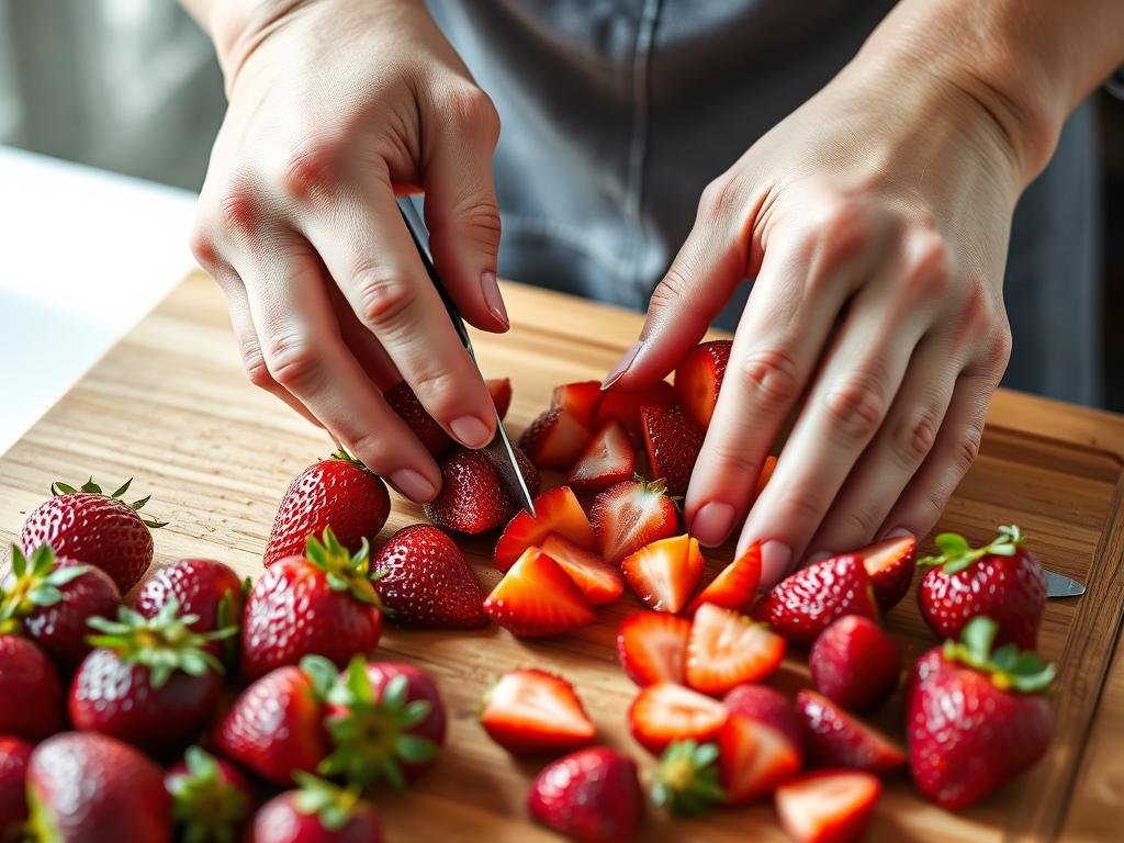 Fresh strawberries being hulled and chopped for homemade strawberry cake Fresh strawberries being hulled and chopped for homemade strawberry cake
