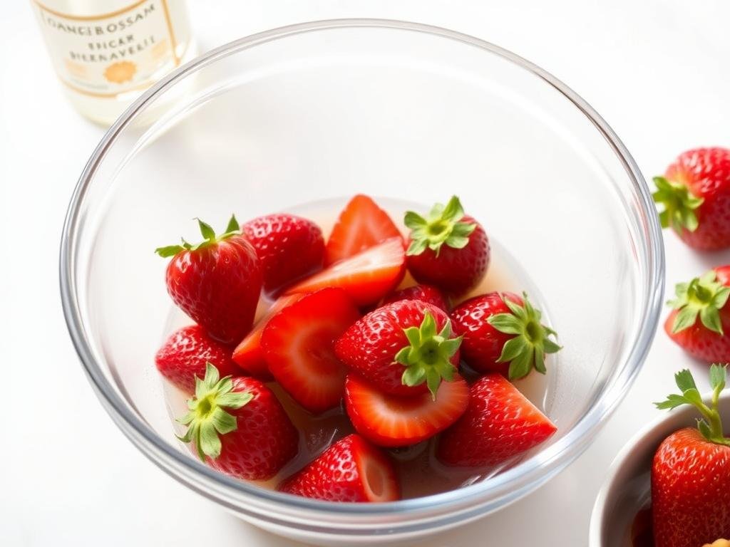 Fresh strawberries being macerated with orange blossom water in a glass bowl