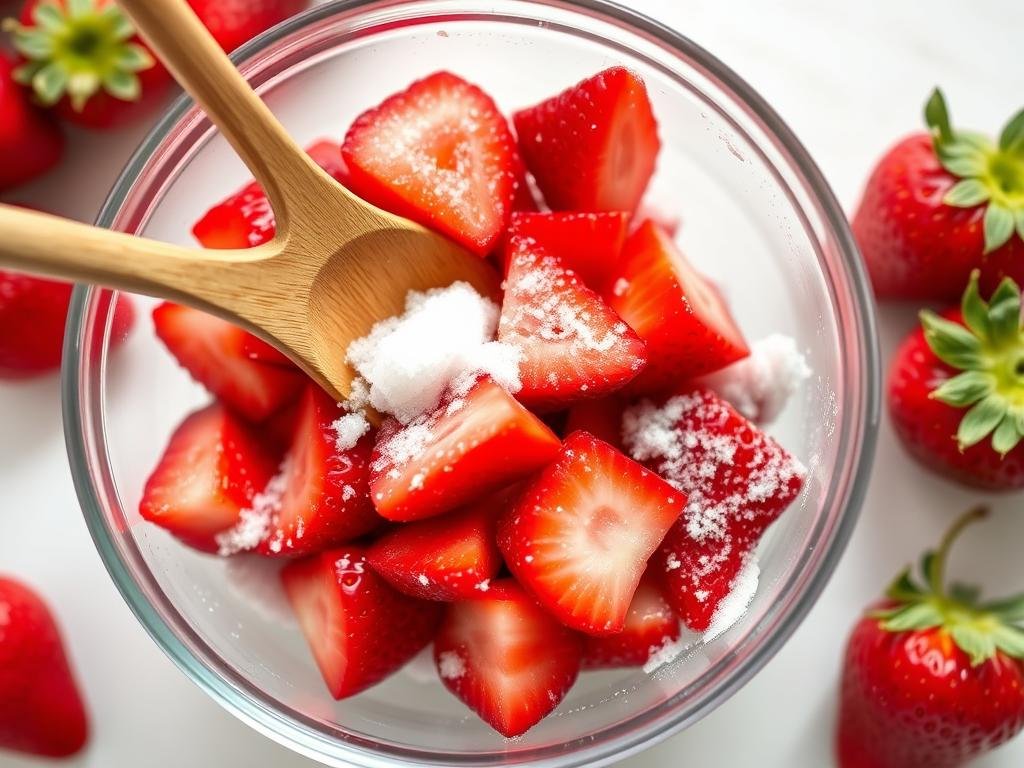 Fresh strawberries being macerated with sugar in a glass bowl