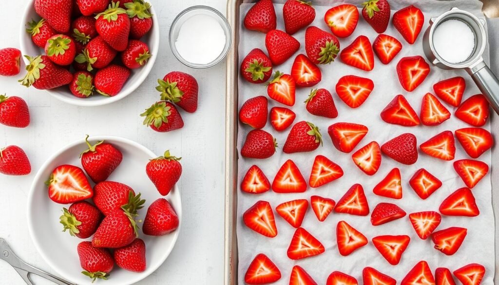 Fresh strawberries being prepared for freezing