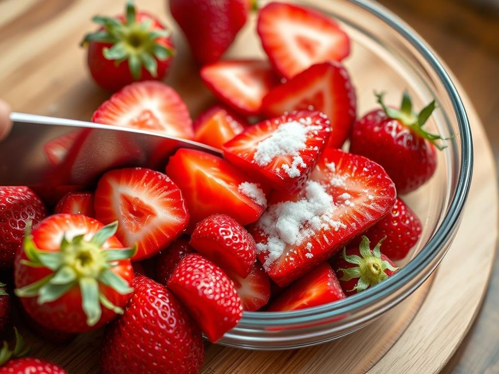 Fresh strawberries being sliced and macerated with sugar in a glass bowl Fresh strawberries being sliced and macerated with sugar in a glass bowl