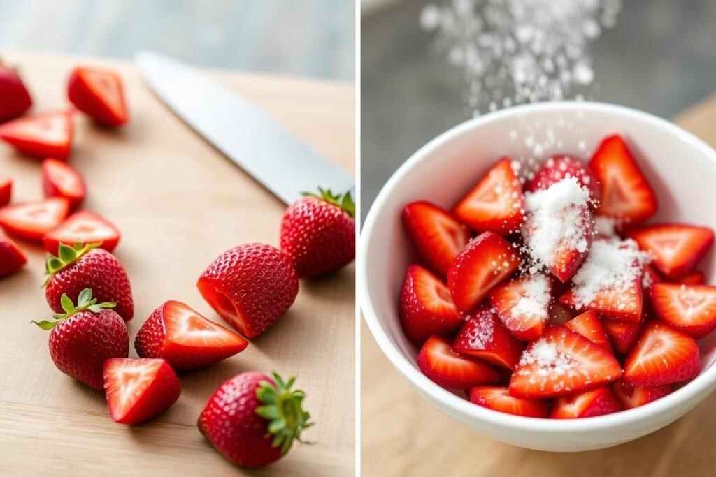 Fresh strawberries being sliced and macerated with sugar in a white bowl Fresh strawberries being sliced and macerated with sugar in a white bowl