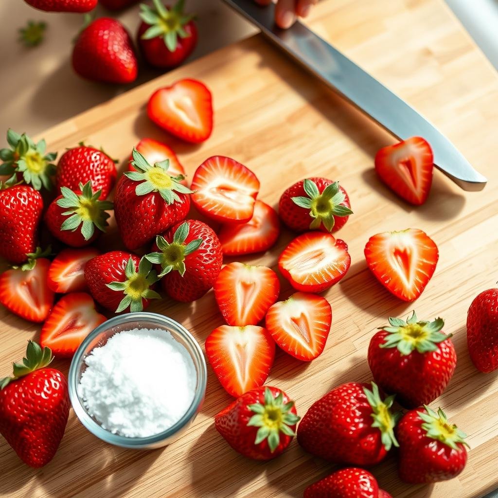 Fresh strawberries being sliced and macerated with sugar