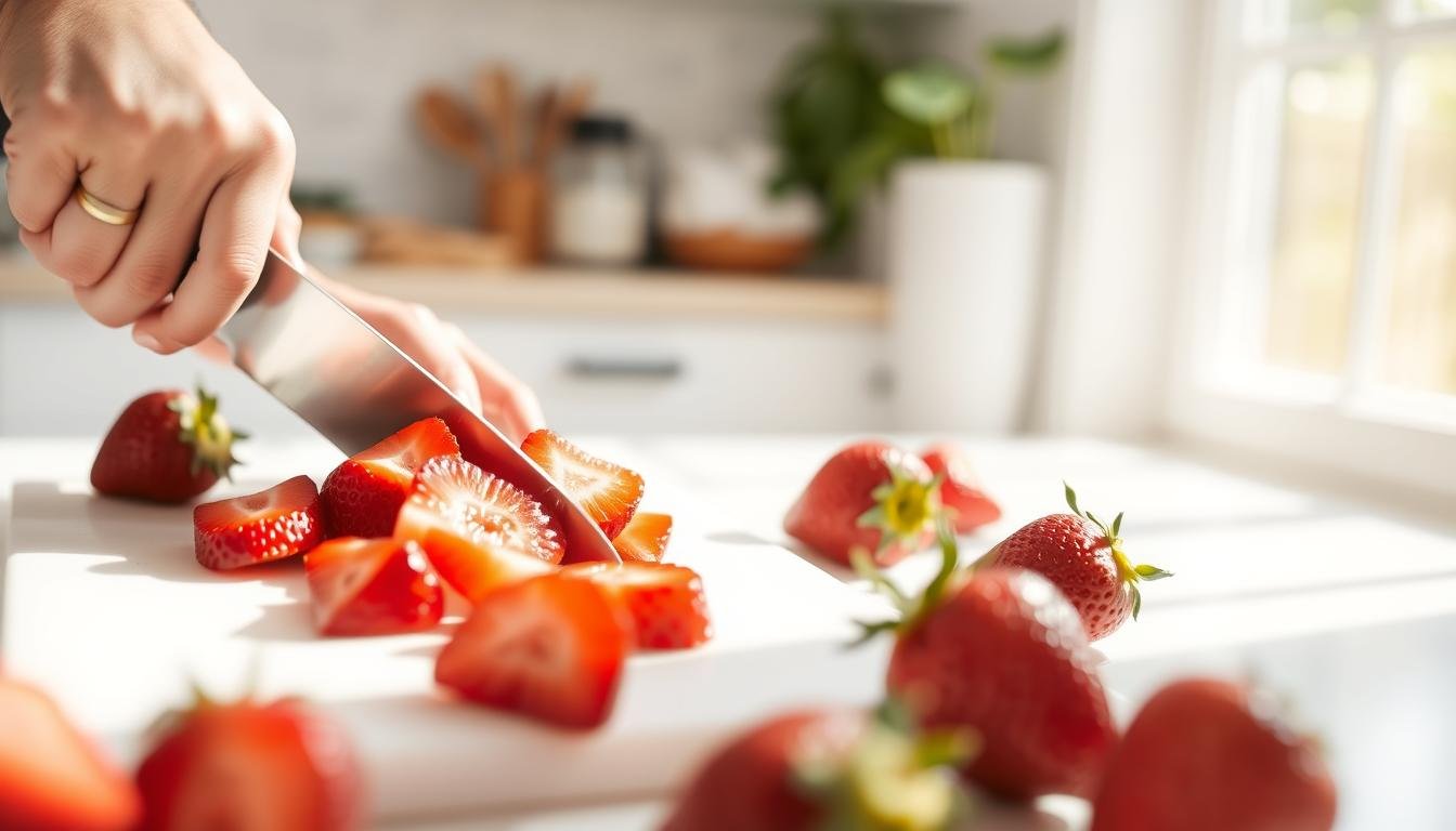 Fresh strawberries being sliced for fresh strawberry cake