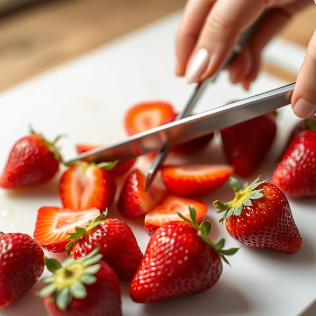 Fresh strawberries being sliced for homemade strawberry cake Fresh strawberries being sliced for homemade strawberry cake