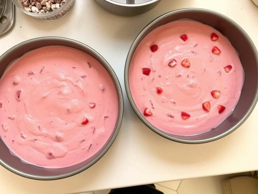 Fresh strawberry cake batter in cake pans ready for baking
