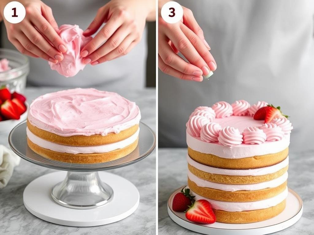 Fresh strawberry cake being assembled and frosted