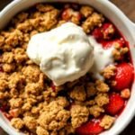 Fresh strawberry crisp in a baking dish with a scoop of vanilla ice cream melting on top