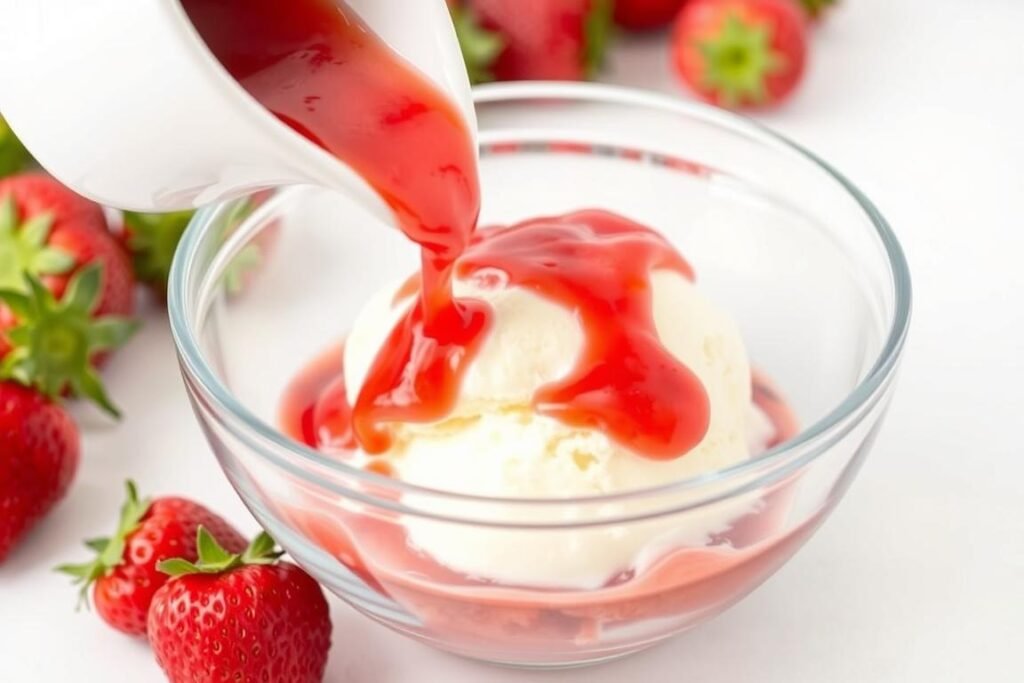Fresh strawberry sauce being poured over vanilla ice cream in a glass bowl