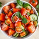 Refreshing Tomato and Cucumber Salad: A Summer Classic Fresh tomato and cucumber salad in a white bowl with herbs sprinkled on top