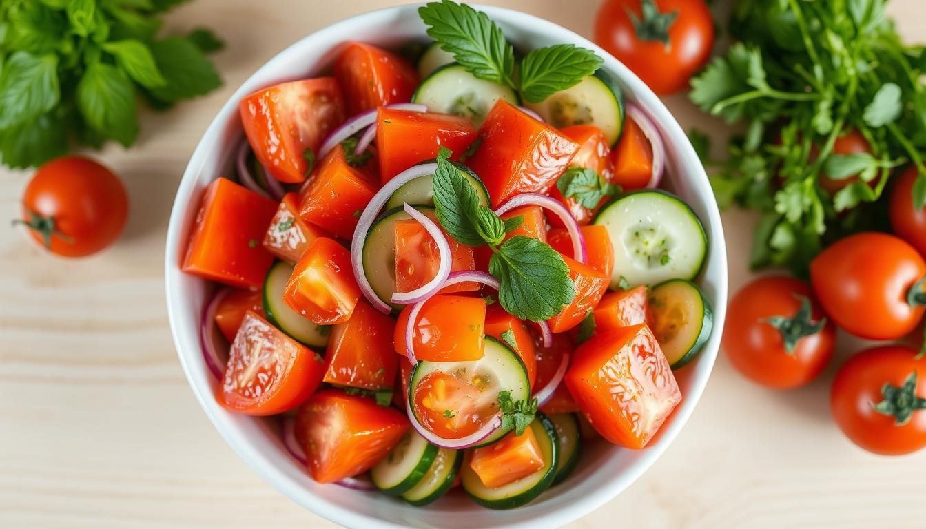 Fresh tomato and cucumber salad in a white bowl with herbs sprinkled on top