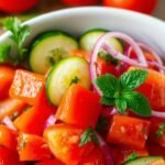 Fresh tomato cucumber salad in a white bowl with herbs and dressing