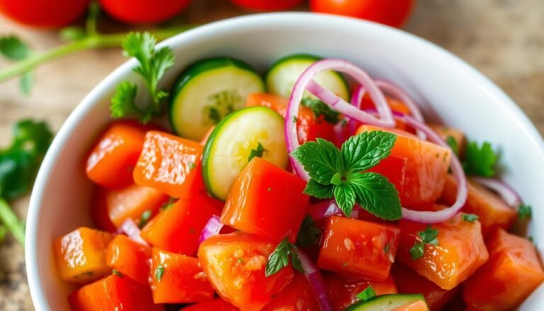 Fresh tomato cucumber salad in a white bowl with herbs and dressing