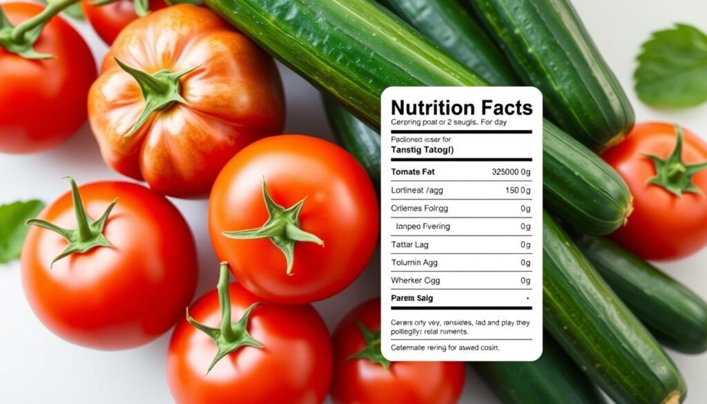 Fresh tomatoes and cucumbers with nutrition facts graphic
