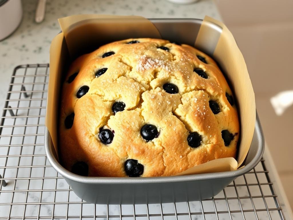 Freshly baked blueberry muffin cake cooling on a wire rack Freshly baked blueberry muffin cake cooling on a wire rack