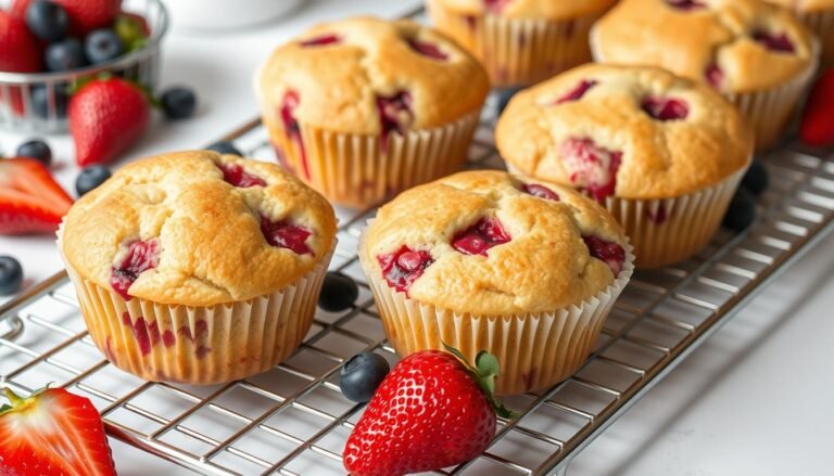 Freshly baked strawberry shortcake blueberry muffins on a cooling rack with fresh berries scattered around