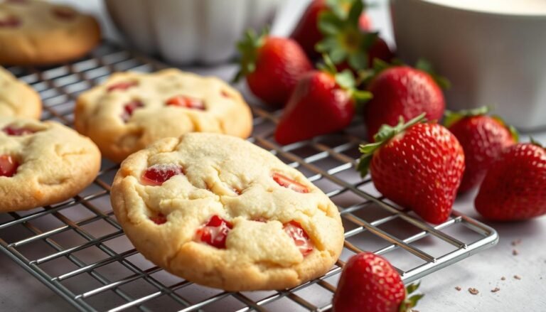 Freshly baked strawberry shortcake cookies on a cooling rack with fresh strawberries scattered around