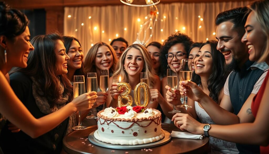 Friends celebrating a 30th birthday with cake, champagne toast, and joyful atmosphere