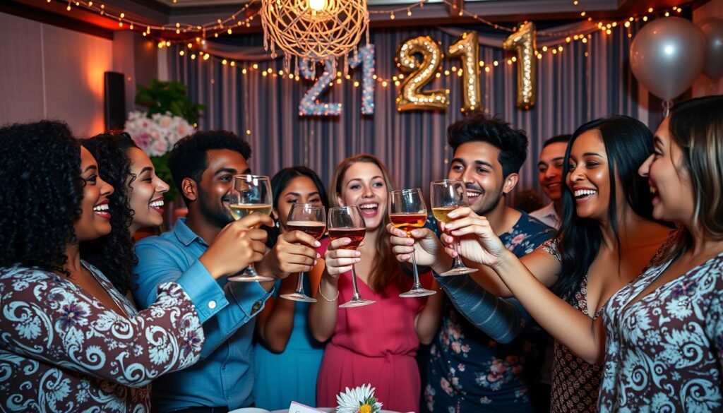 Friends celebrating at a beautifully decorated 21st birthday party with theme elements and joyful atmosphere