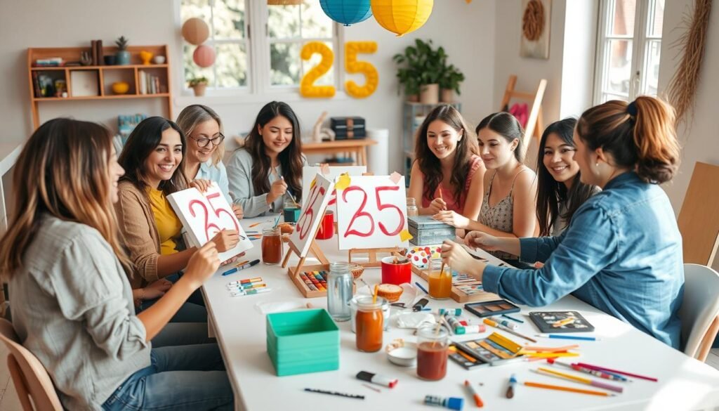 Friends enjoying a craft party for a 25th birthday, painting canvases with drinks and snacks nearby