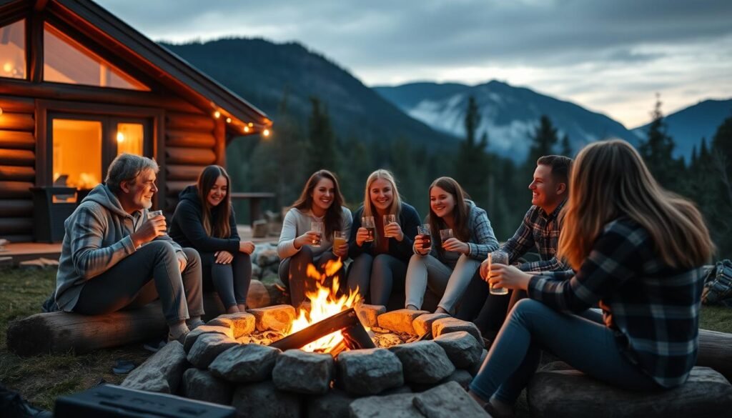Friends enjoying a weekend getaway for a 25th birthday, sitting around a campfire near a cabin
