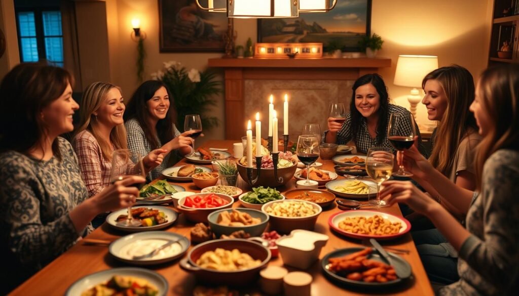 Friends gathered around a table for a potluck dinner party celebrating a 25th birthday