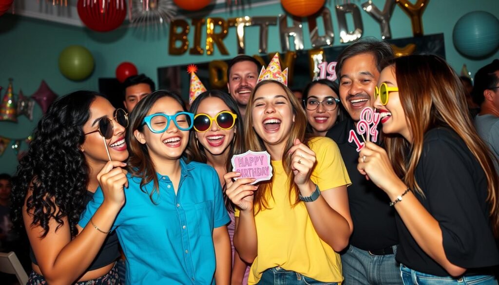 Friends laughing at a 19th birthday party with funny props