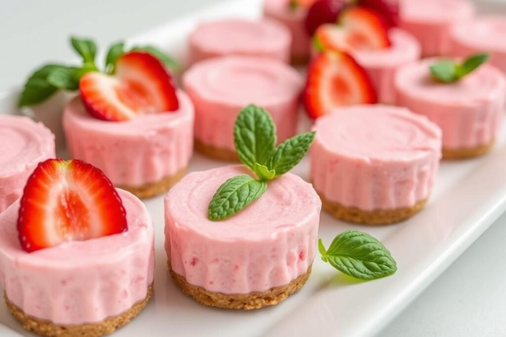 Frozen strawberry cheesecake bites on a serving platter