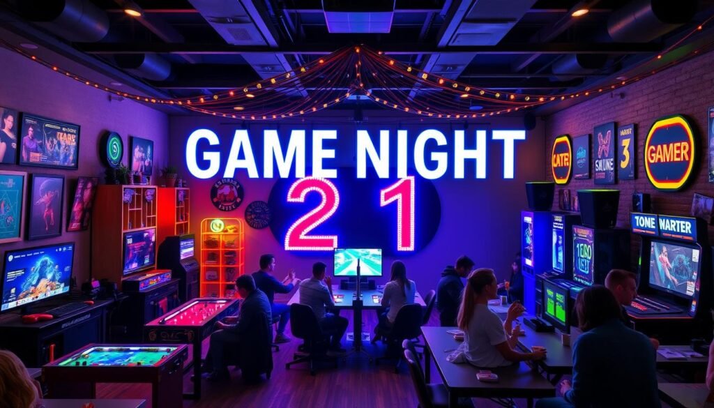 Game night themed 21st birthday party with board games, video game stations, and interactive activities