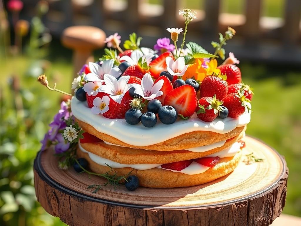 Garden-inspired strawberry shortcake centerpiece with edible flowers and herbs