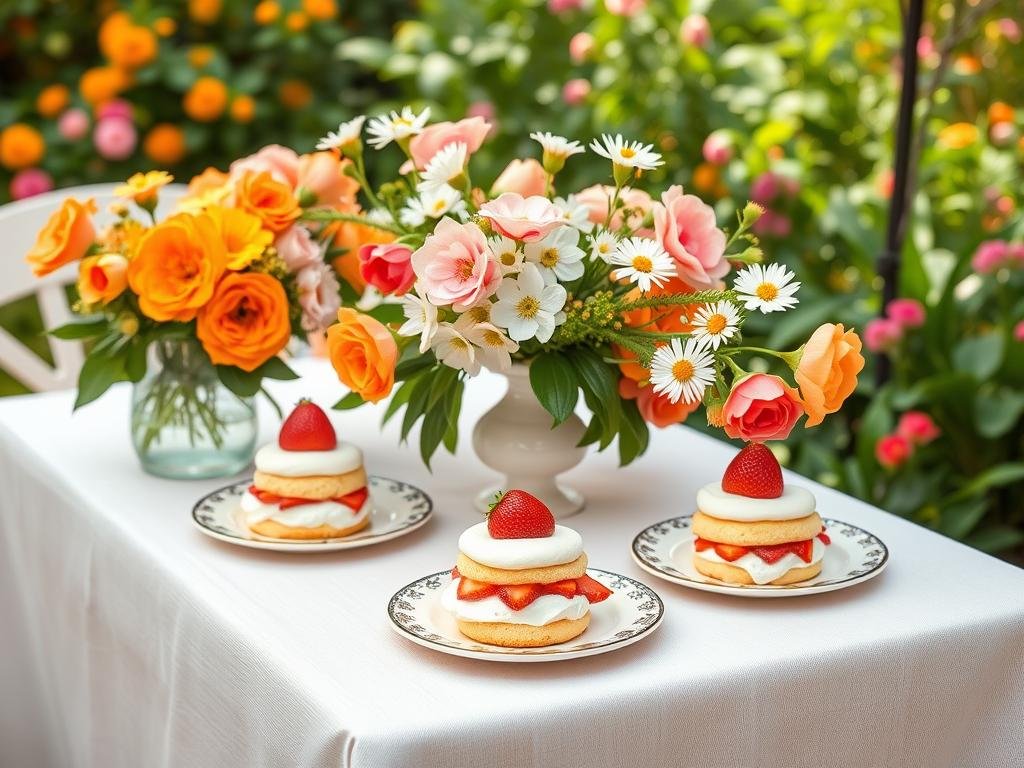 Garden party table setting with orange blossom strawberry shortcakes as the centerpiece