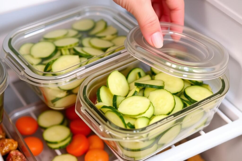 German cucumber salad being stored in glass containers in a refrigerator