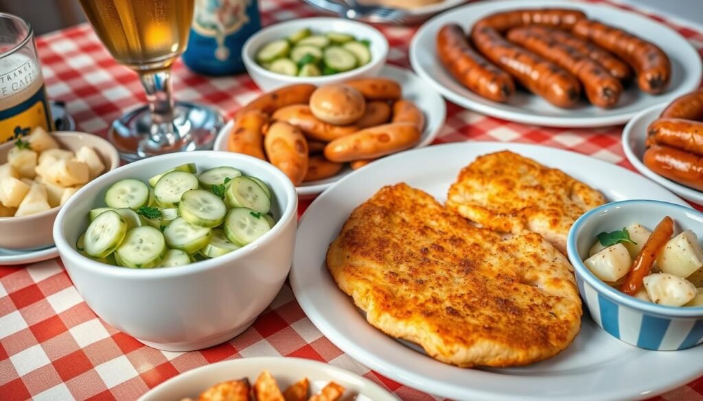 German cucumber salad served alongside traditional German dishes like schnitzel and bratwurst