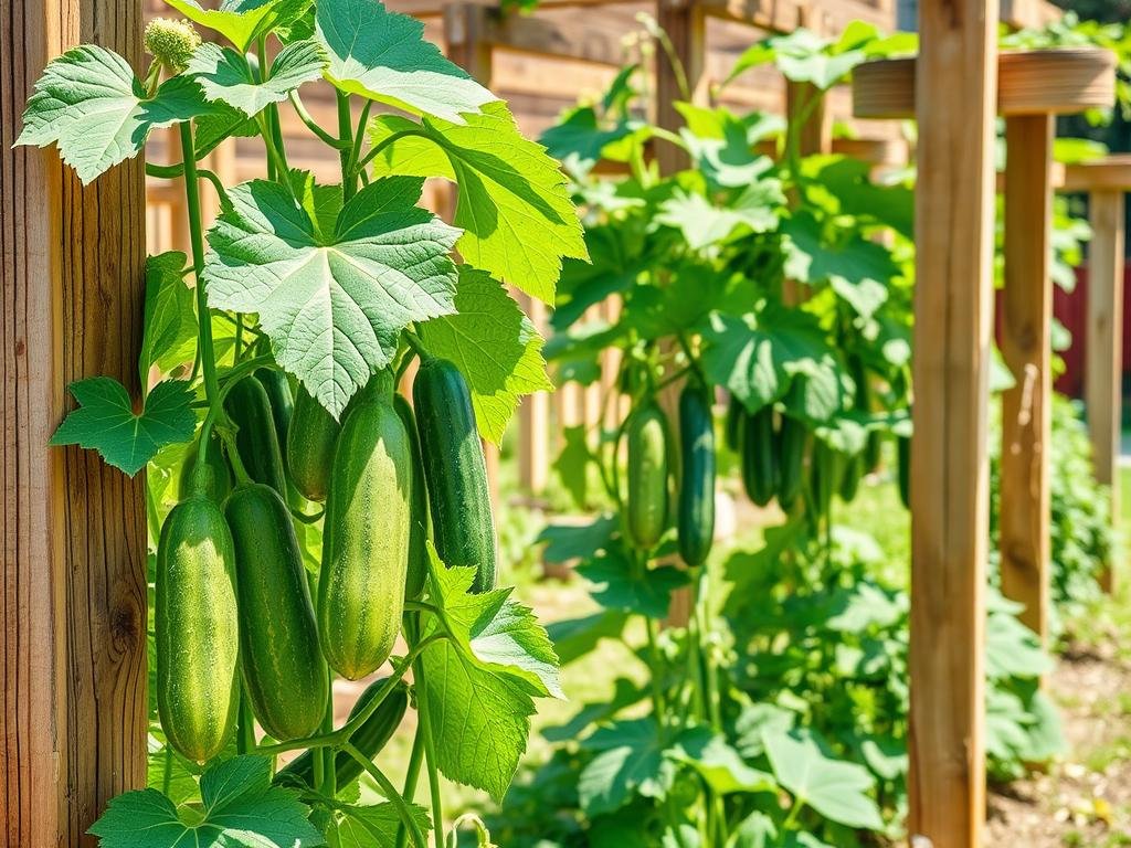 German family garden with cucumber plants growing on trellises